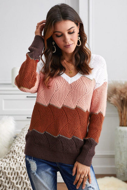 V Neck Colorblock Textured Knit Sweater - L & M Kee, LLC