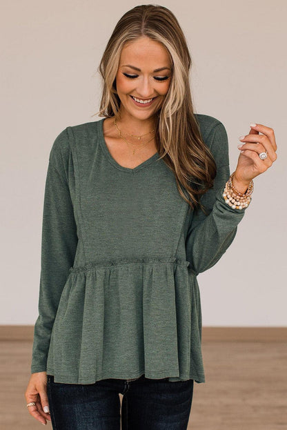 Outseam Detail Long Sleeve Peplum Top - L & M Kee, LLC