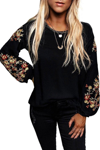 Floral Embroidery Long Sleeve Top - L & M Kee, LLC