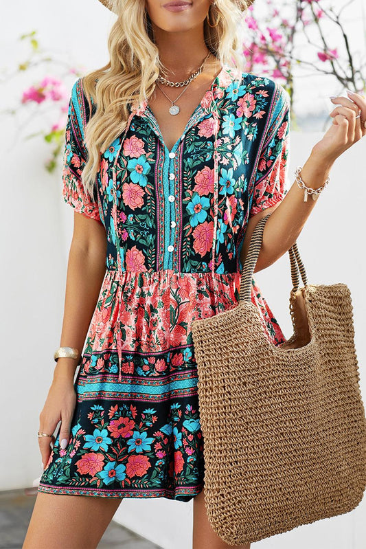 Multicolor Spring Floral Buttons Short Sleeve Romper - L & M Kee, LLC