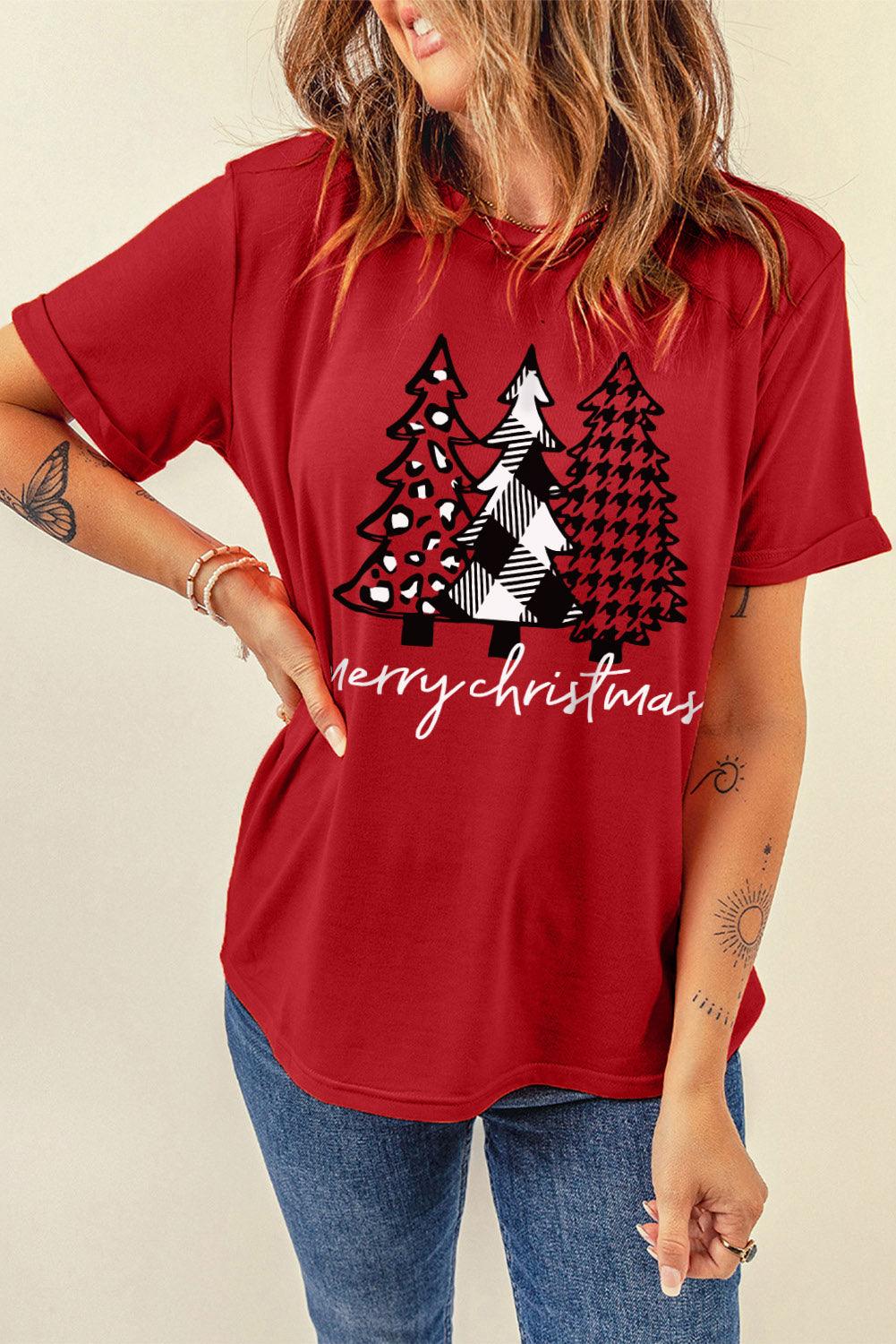 Merry Christmas Trees Graphic Print Short Sleeve T Shirt - L & M Kee, LLC