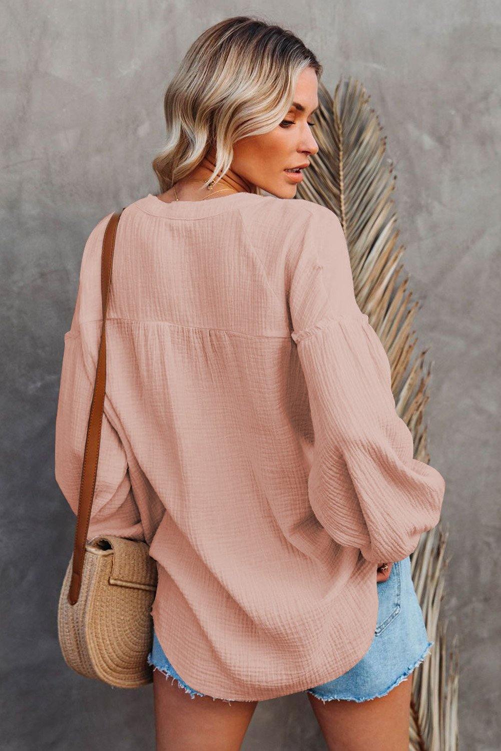 Casual Balloon Sleeve Crinkled Top - L & M Kee, LLC