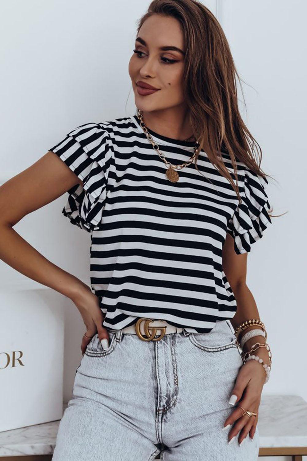 Stripe Print Tiered Ruffled Sleeve Tee - L & M Kee, LLC