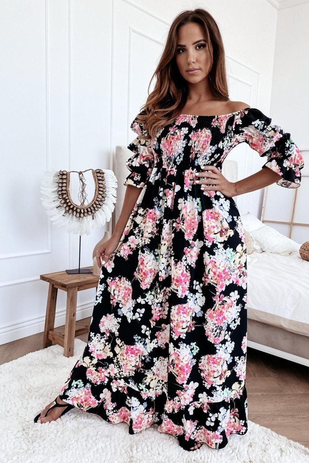 Floral Print Smocked Bust High Waist Maxi Dress - L & M Kee, LLC