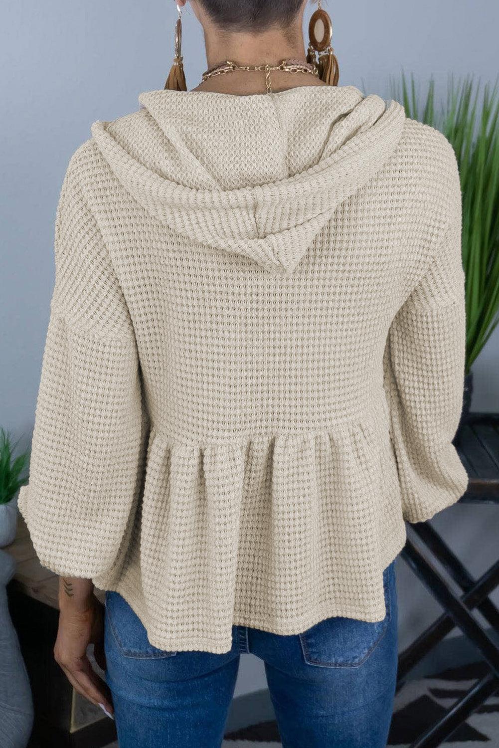 Waffle Knit Buttons Ruffled Hooded Top - L & M Kee, LLC