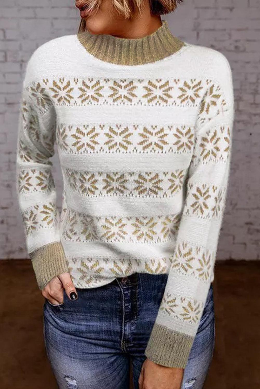 Christmas Snowflake High Neck Knit Sweater - L & M Kee, LLC