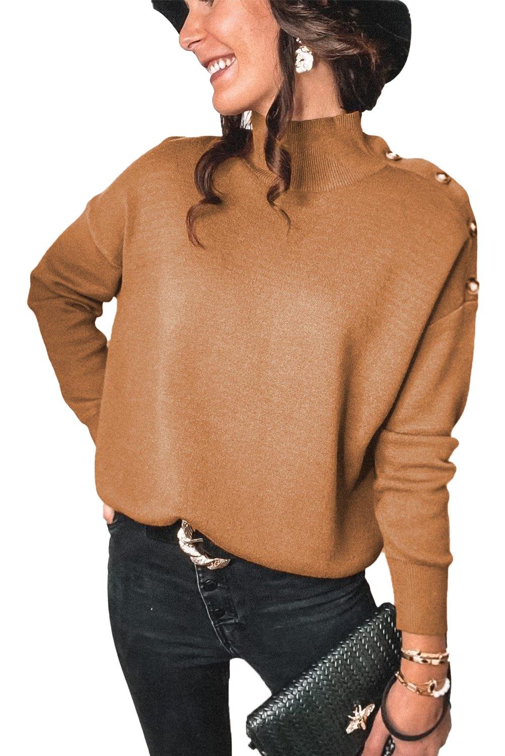 High Neck Button Shoulder Long Sleeve Sweater - L & M Kee, LLC