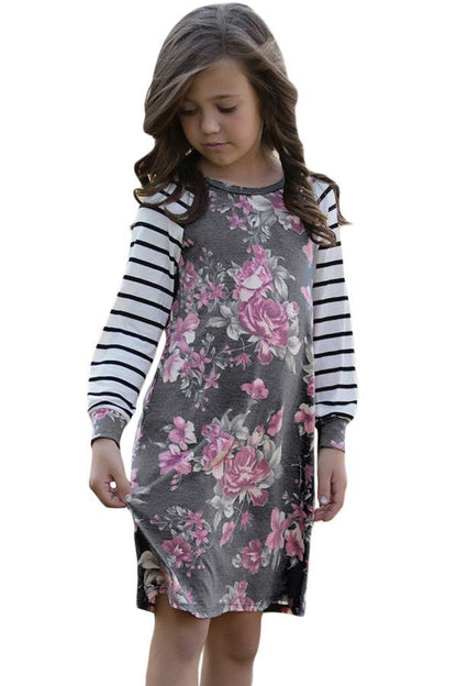 Spring Fling Floral Striped Sleeve Short Dress for Kids - L & M Kee, LLC
