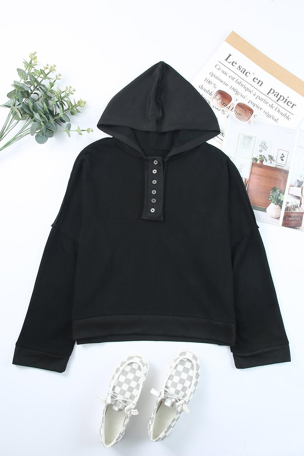 Casual Button Solid Patchwork Trim Hoodie - L & M Kee, LLC