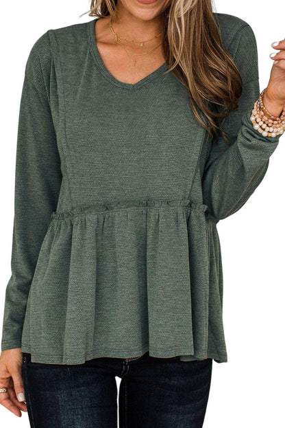 Outseam Detail Long Sleeve Peplum Top - L & M Kee, LLC