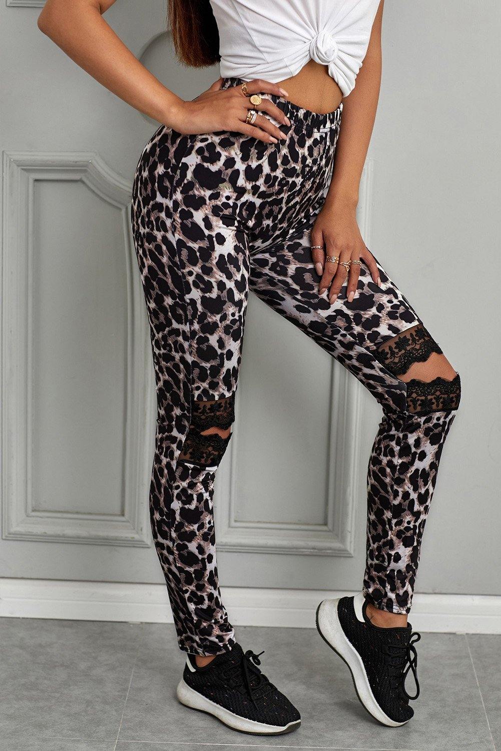 Floral Hollow Out Leopard Printed Skinny Leggings - L & M Kee, LLC