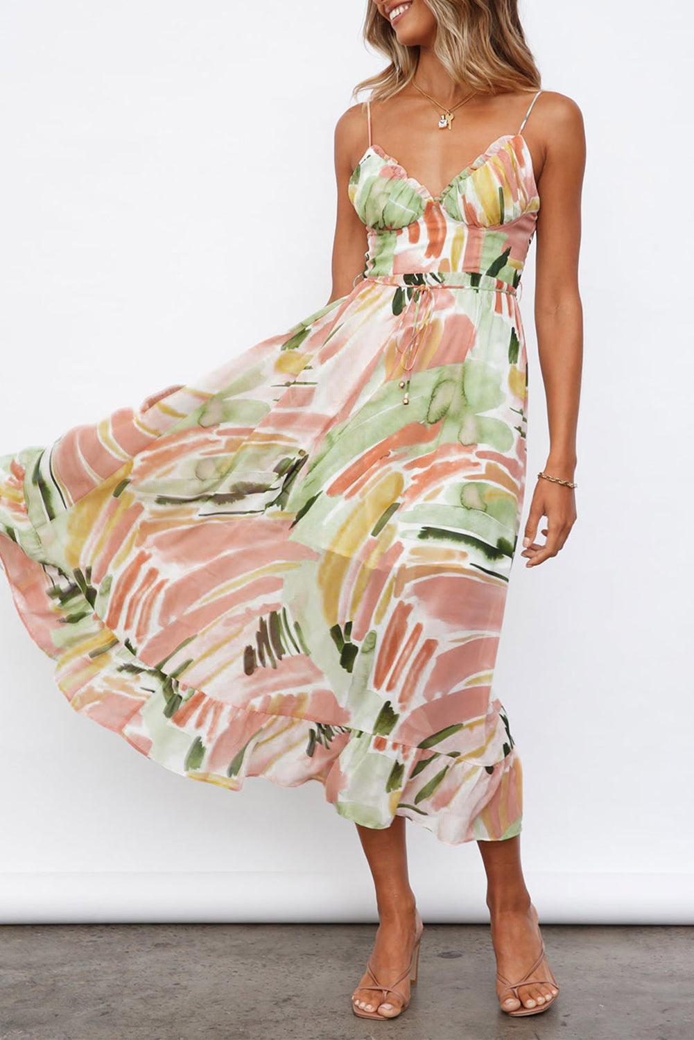 Multicolor Spaghetti Straps Graffti Print Long Dress - L & M Kee, LLC