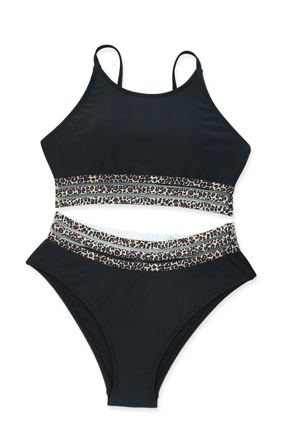 Black Rose Leopard Mesh Trim 2pcs Bikini Swimsuit - L & M Kee, LLC