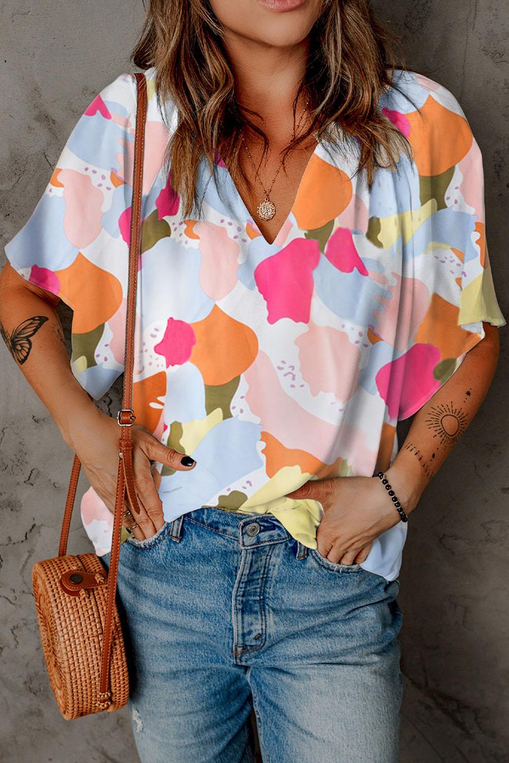 Multicolor Floral Print V Neck Half Sleeve Blouse - L & M Kee, LLC