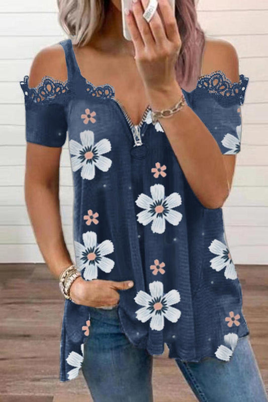 Floral Print Lace Contrast Zipped Cold Shoulder T Shirt - L & M Kee, LLC