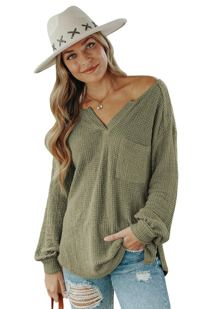 Waffle Knit Split Neck Pocketed Loose Top - L & M Kee, LLC