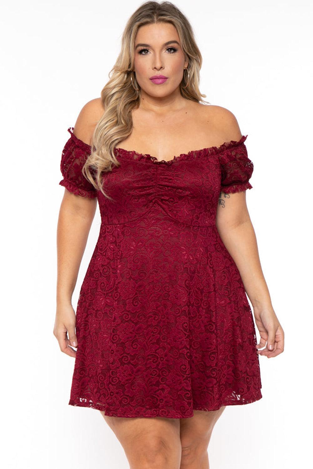 Lace Frill Bubble Sleeve Off Shoulder Plus Size Dress - L & M Kee, LLC