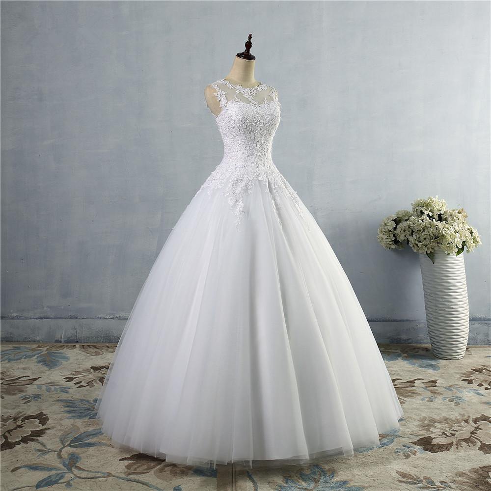 White Lace Ivory A-Line Wedding Dresses - L & M Kee, LLC