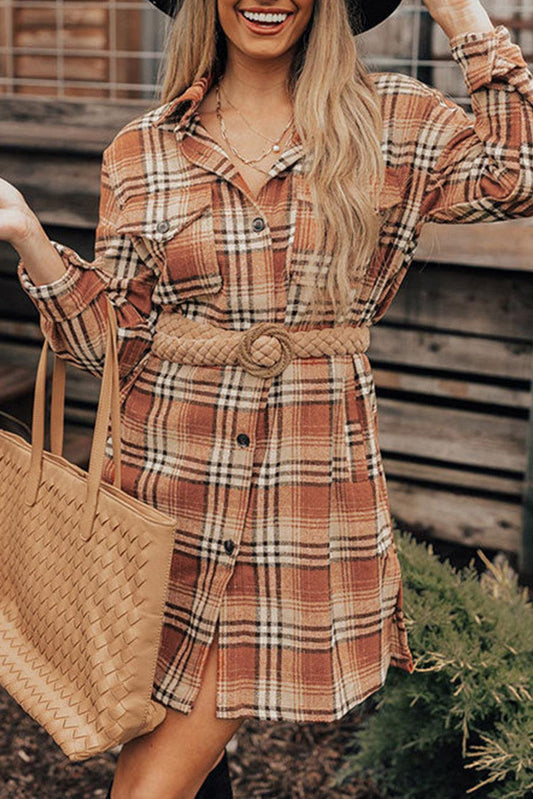 Plaid Button up Side Slit Shirt Dress - L & M Kee, LLC