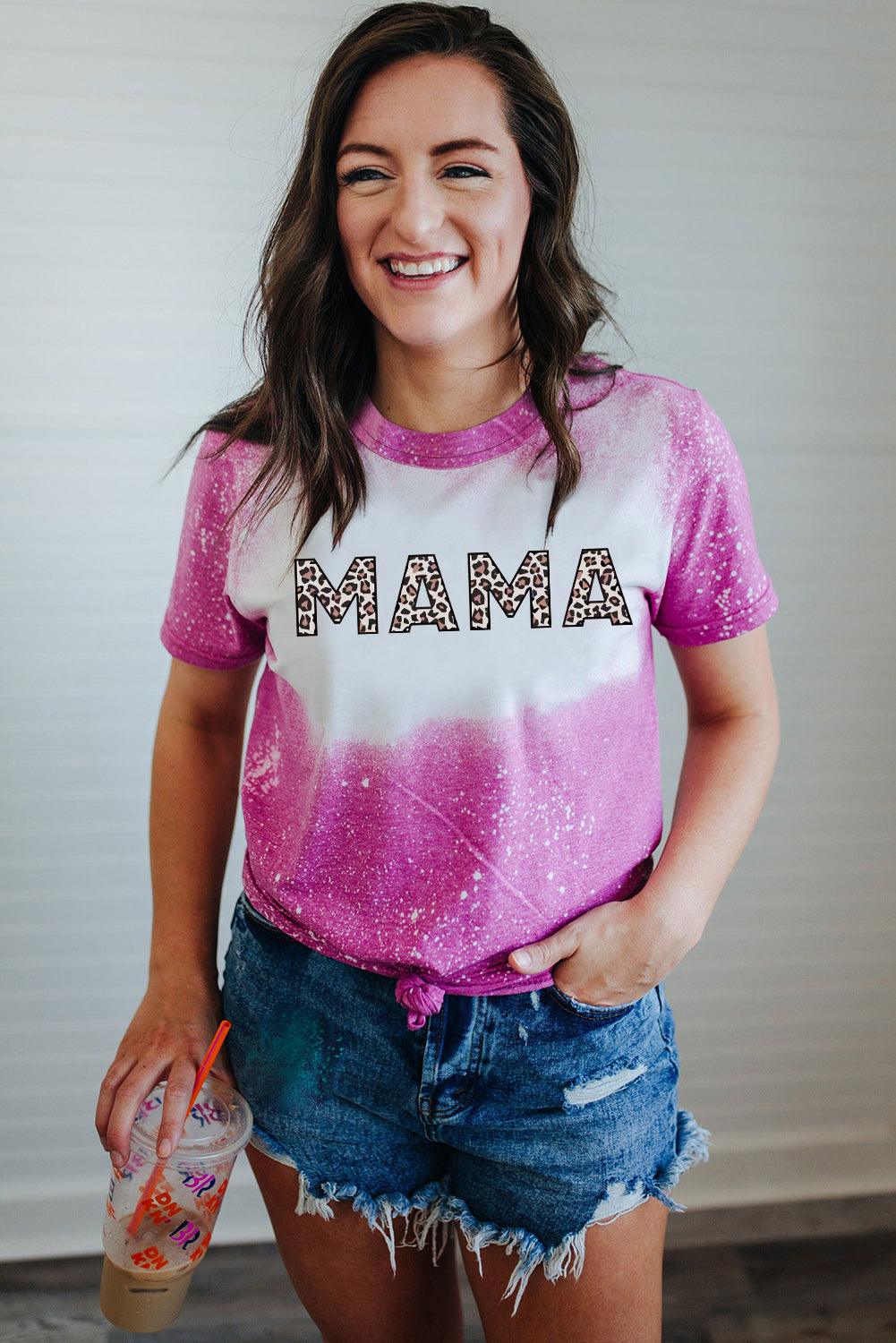 MAMA Leopard Letter Print Bleached T Shirt - L & M Kee, LLC