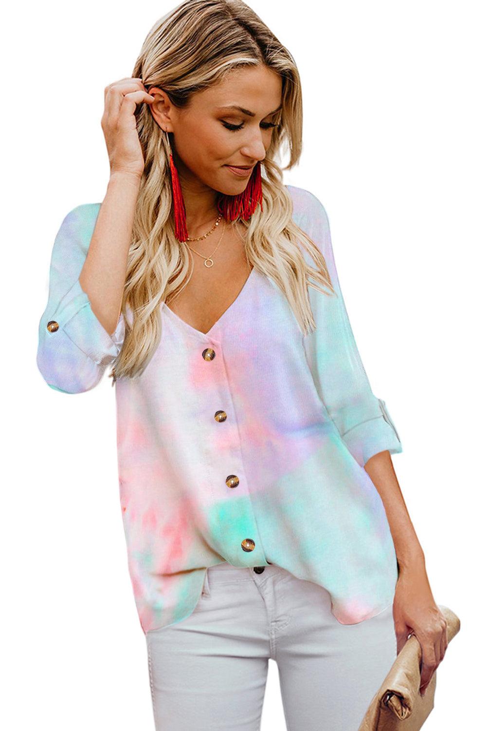 V-neck Long Sleeve Tie-dye Blouse With Buttons Closure - L & M Kee, LLC