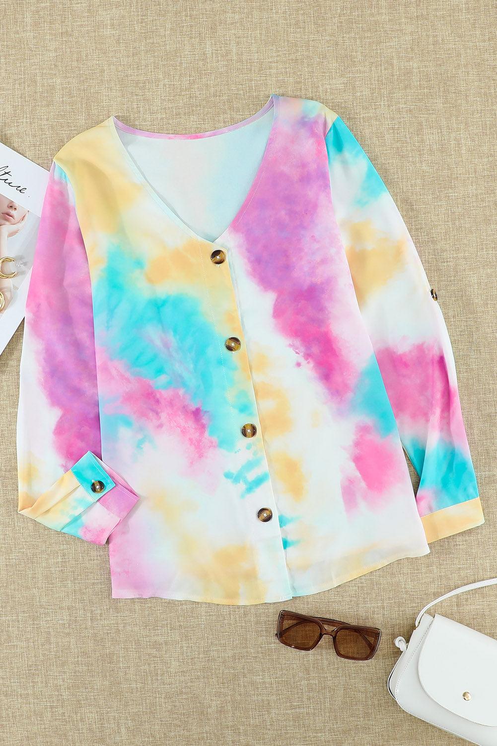 V-neck Long Sleeve Tie-dye Blouse With Buttons Closure - L & M Kee, LLC