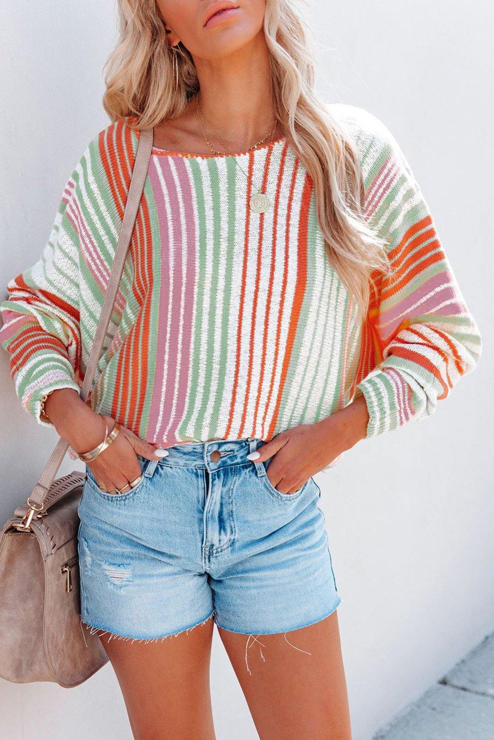 Crewneck Multicolor Stripe Knit Pullover Sweater - L & M Kee, LLC