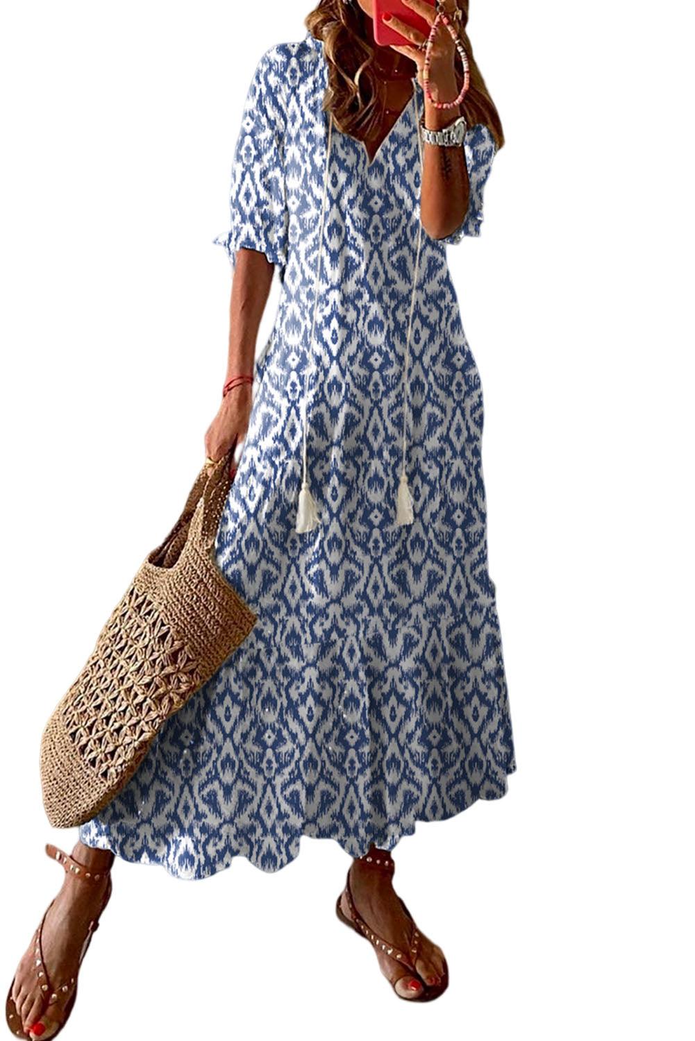 Sky Blue V Neck Casual Geometric Print Maxi Dress - L & M Kee, LLC