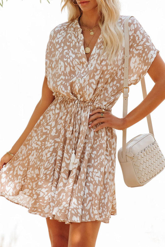 Printed Tassel Drawstring Button V Neck Mini Dress - L & M Kee, LLC