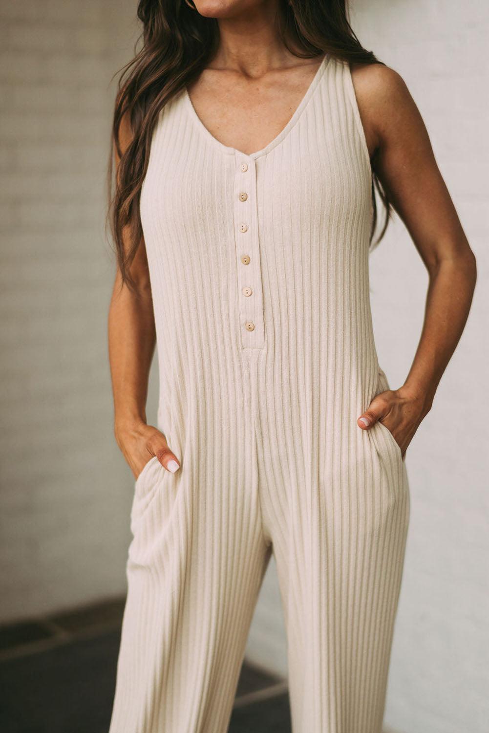 Sleeveless Buttoned Ribbed Wide Leg Jumpsuit with Pockets - L & M Kee, LLC