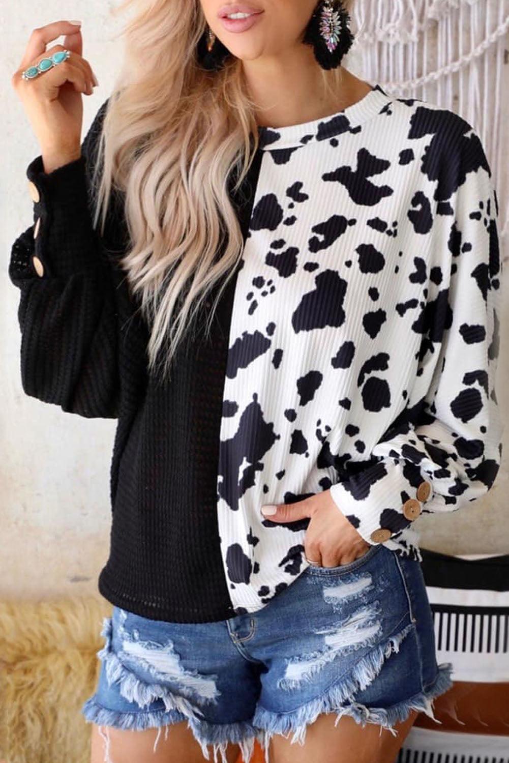 Cow Patchwork Waffle Knit Long Sleeve Top - L & M Kee, LLC