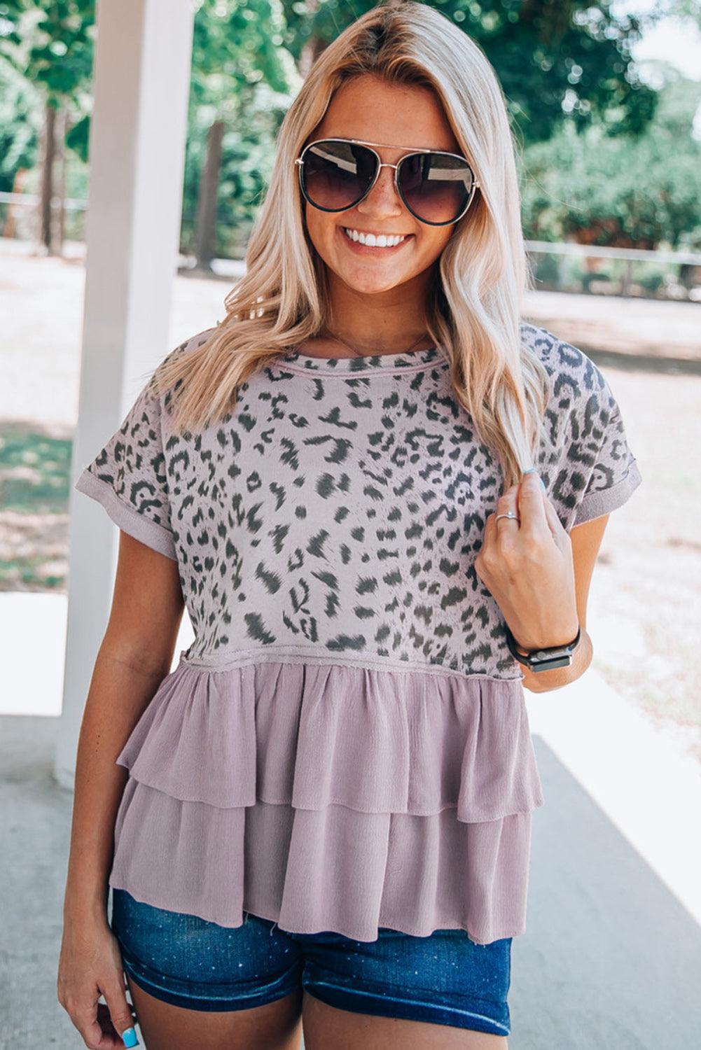 Leopard Tiered Ruffle Short Sleeve Top - L & M Kee, LLC