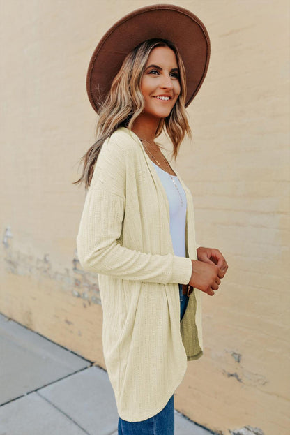 Beige Open Front Rounded Hem Textured Knit Cardigan - L & M Kee, LLC