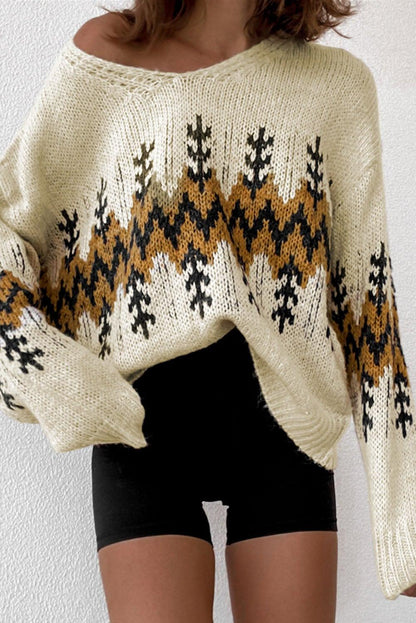 Slouchy Fit Christmas Tree Print V Neck Knit Sweater - L & M Kee, LLC