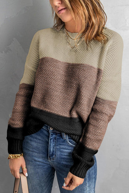 Gray Color Block Netted Texture Pullover Sweater - L & M Kee, LLC