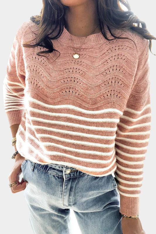 Striped Textured Long Sleeve Knit Sweater - L & M Kee, LLC