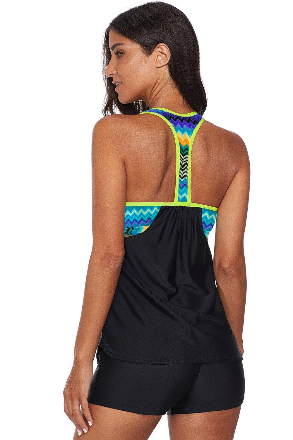 Blouson Striped Printed Strappy T-Back Push up Tankini Top - L & M Kee, LLC