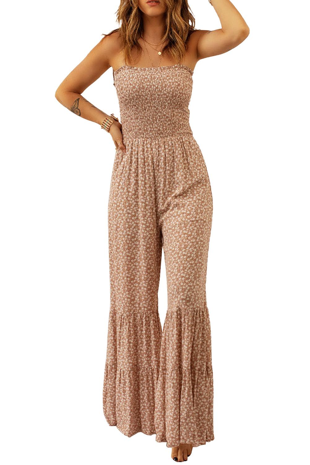 Khaki Thin Straps Smocked Bodice Wide Leg Floral Jumpsuit - L & M Kee, LLC