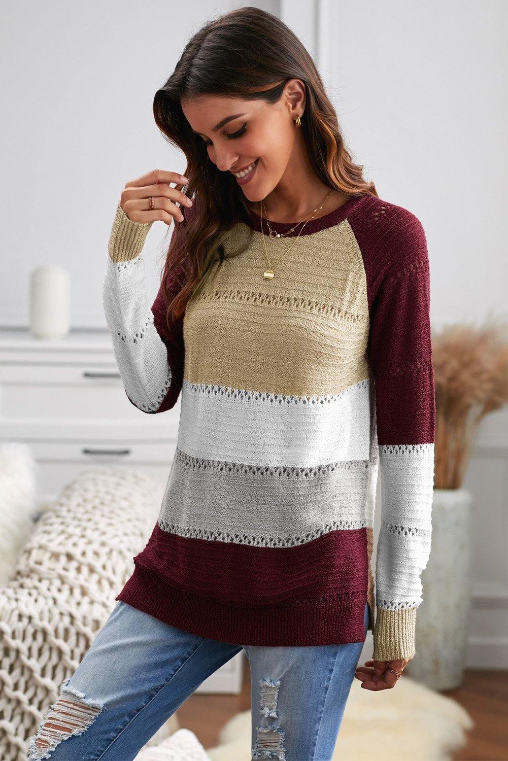 Multi-color Knitted Color Block Long Sleeve Crew Neck Sweater - L & M Kee, LLC