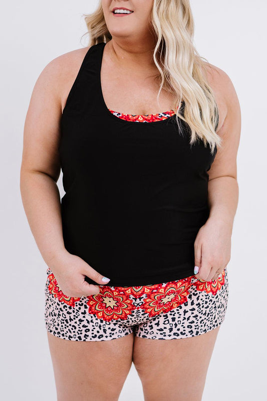 Floral Leopard Plus Size Tankini with Vest - L & M Kee, LLC