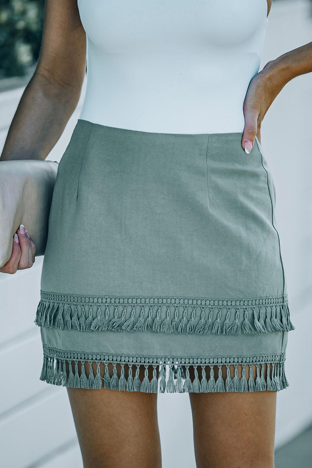 Tiered Tassel Zip-up High Waist Mini Skirt - L & M Kee, LLC