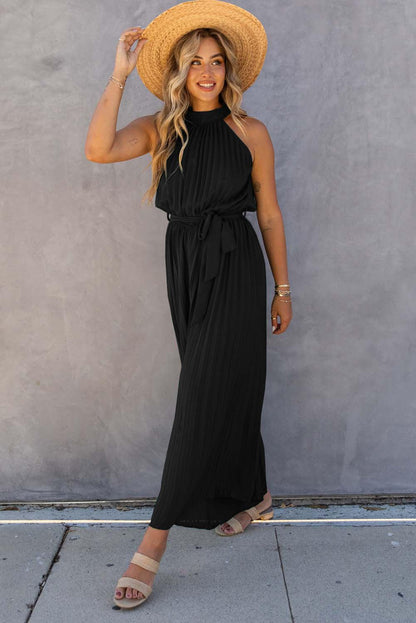 Halter Neck Pleated Wide Leg Jumpsuit with Belt - L & M Kee, LLC