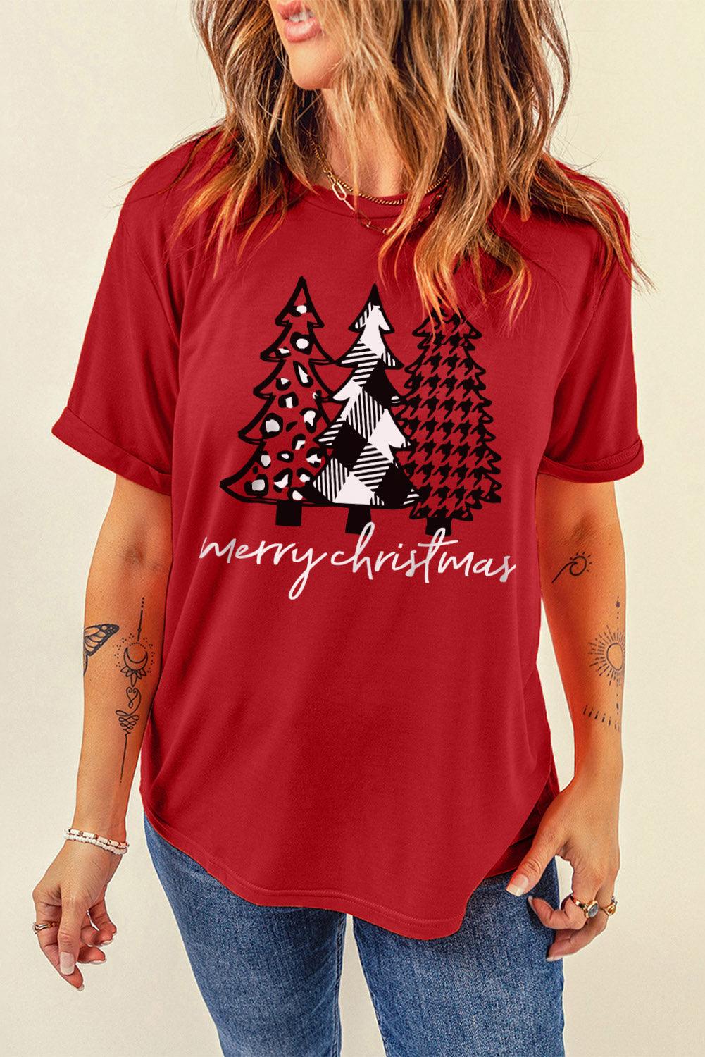 Merry Christmas Trees Graphic Print Short Sleeve T Shirt - L & M Kee, LLC