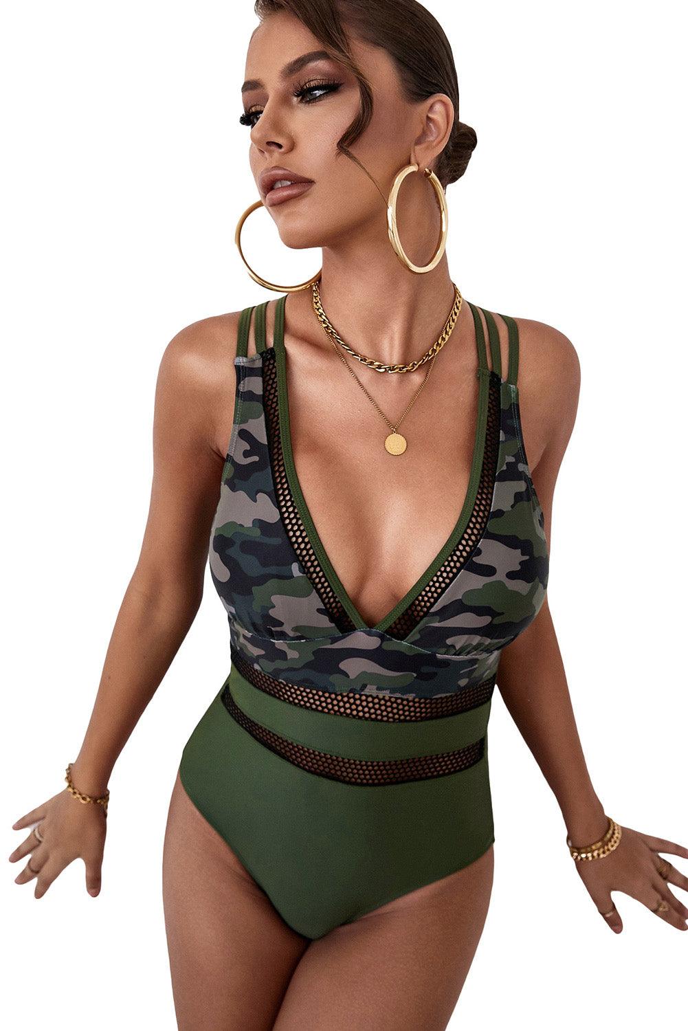 Army Green Camo Patchwork One Piece Swimsuit - L & M Kee, LLC