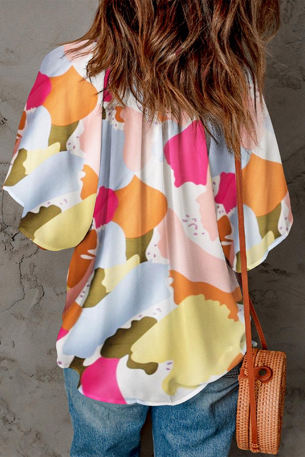 Multicolor Floral Print V Neck Half Sleeve Blouse - L & M Kee, LLC