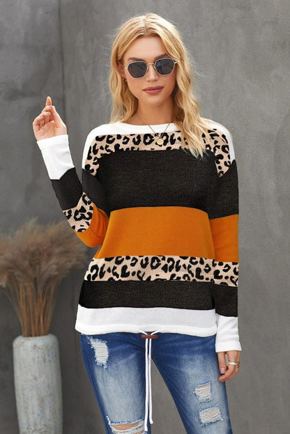 Crewneck Leopard Color Block Knit Pullover Sweater - L & M Kee, LLC