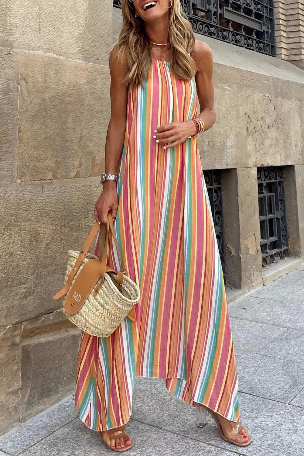 Bohemian Striped Print Sleeveless Holiday Maxi Dress - L & M Kee, LLC