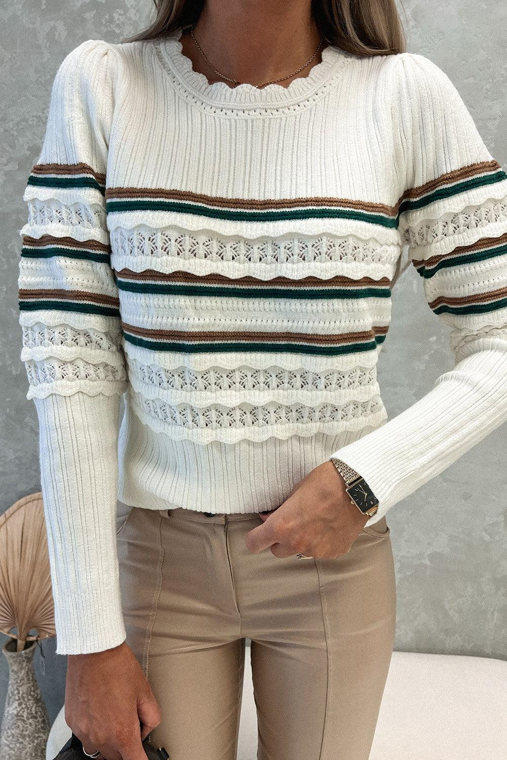 Striped Ribbed Scalloped Detail Knit Sweater - L & M Kee, LLC