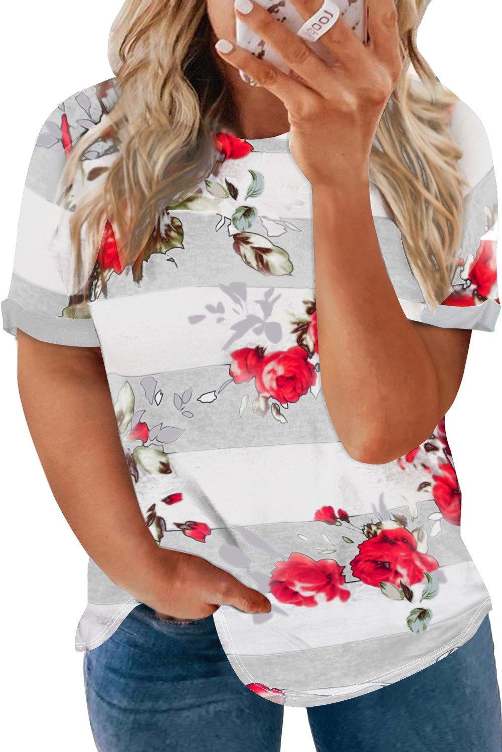 Plus Size Striped Floral Short Sleeve Top - L & M Kee, LLC
