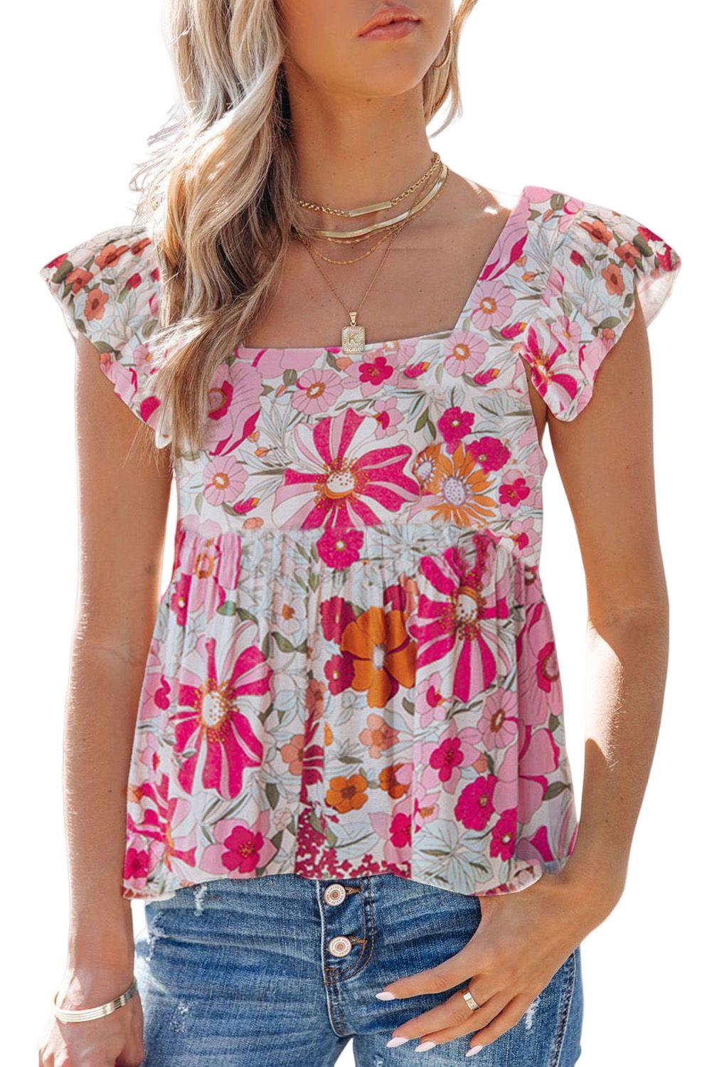 Multicolor Flutter Floral Print Flowy Tank Top - L & M Kee, LLC